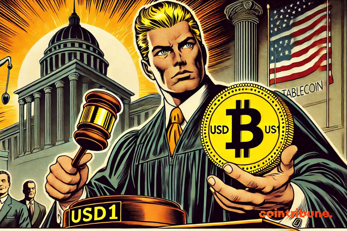Caricature d'un juge tranchant sur le sort de la crypto USD1
