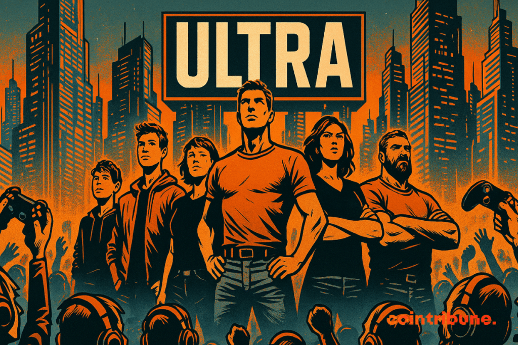 A team of determined leaders facing a crowd of gamers, with the Ultra logo in the background.
