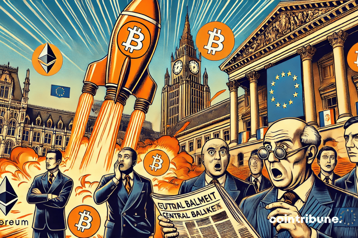 Un gigantesco cohete estilizado, con los cripto símbolos Bitcoin y Ethereum, despega a toda velocidad. A la izquierda, un grupo de banqueros trajeados, escandalizados o indiferentes, permanecen congelados frente a un edificio clásico europeo.