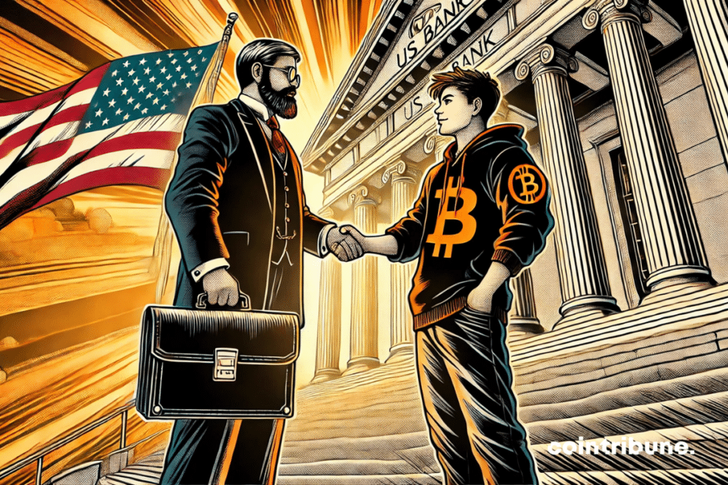 Un banquier en costume strict, attaché-case à la main, serre la main d’un jeune entrepreneur crypto en hoodie avec un logo Bitcoin sur sa veste.