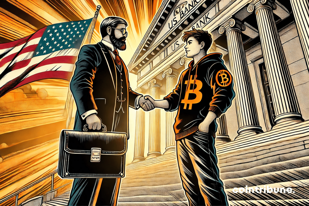 Un banquier en costume strict, attaché-case à la main, serre la main d’un jeune entrepreneur crypto en hoodie avec un logo Bitcoin sur sa veste.