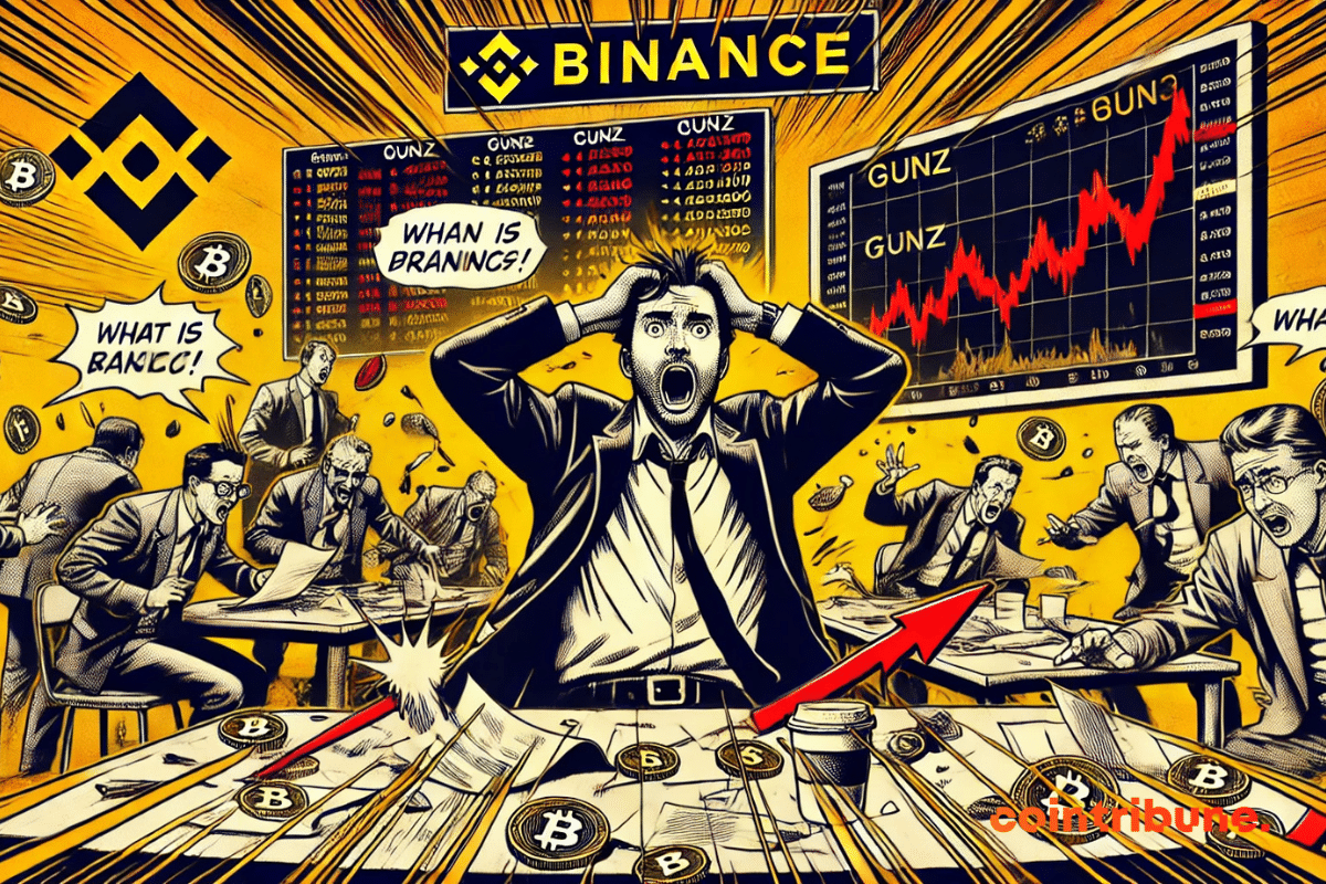 Salle de marché surchargée, ambiance chaotique. Trader de Gunz crypto en costume, mains dans les cheveux, yeux écarquillés fixant son écran.