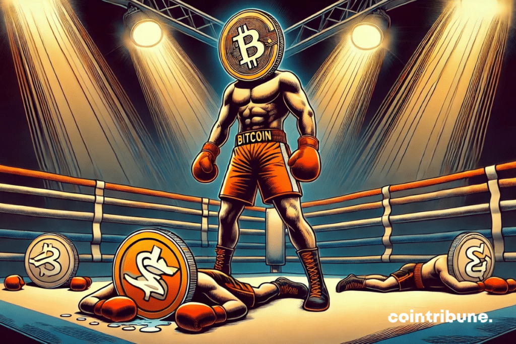 Bitcoin, personificado como un musculoso boxeador con guantes naranjas, domina un ring de boxeo. Las altcoins están en el suelo, noqueadas.