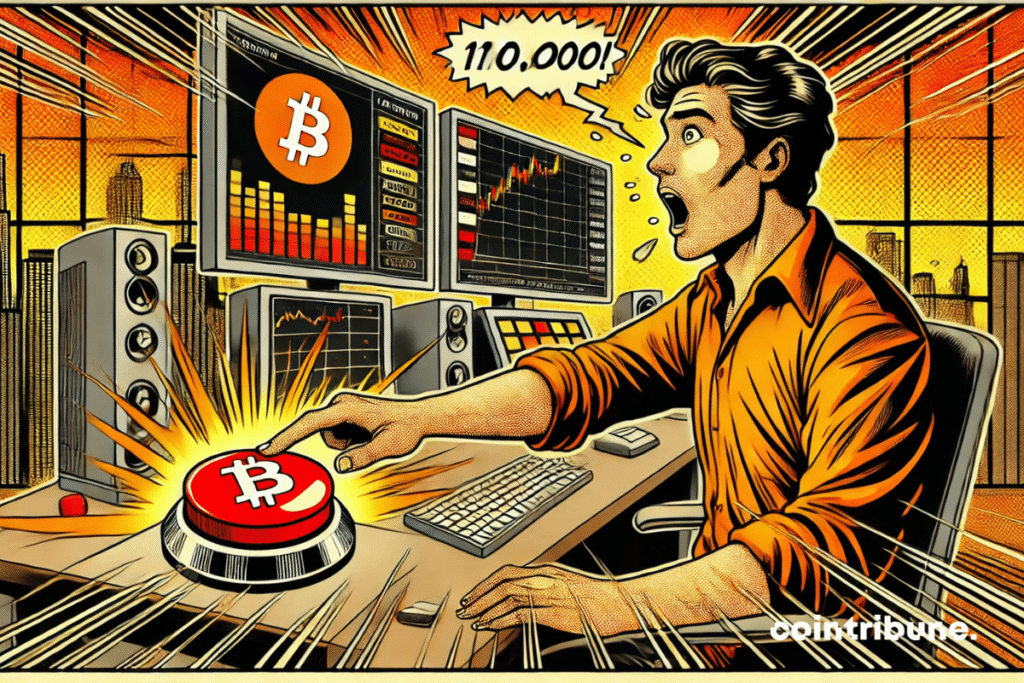 Trader Bitcoin avec un regard figé, main sur un gros bouton rouge en forme d’alarme