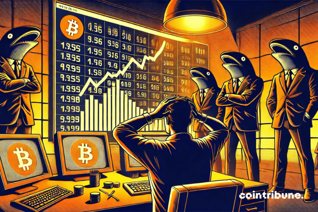 En primer plano, un hombre asustado observa el precio del Bitcoin con las manos en la cabeza. Al fondo, tres enormes figuras humanoides con forma de ballena, vestidas con trajes negros, cruzadas de brazos, observan desde las sombras.