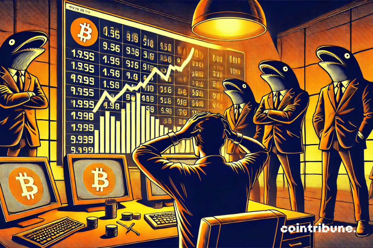 En primer plano, un hombre asustado observa el precio del Bitcoin con las manos en la cabeza. Al fondo, tres enormes figuras humanoides con forma de ballena, vestidas con trajes negros, cruzadas de brazos, observan desde las sombras.