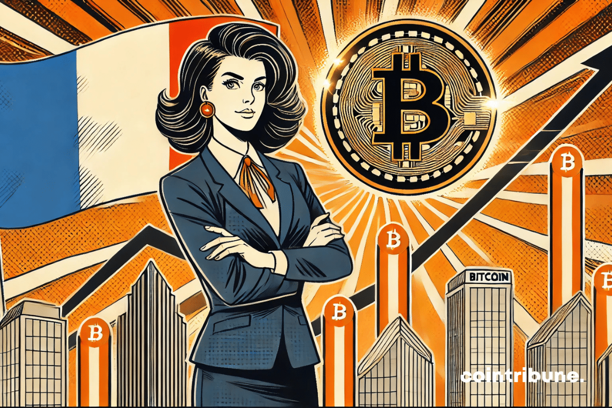 Plan mi-large d’une Femme d’affaires bras croisés, regard confiant, debout entre un drapeau français stylisé et un logo Bitcoin géant.