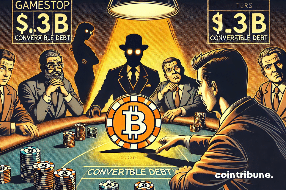 Une table de poker stylisée, un dirigeant de GameStop mise un énorme jeton Bitcoin avec une expression nerveuse. En face, des silhouettes floues d’investisseurs qui rient ou froncent les sourcils