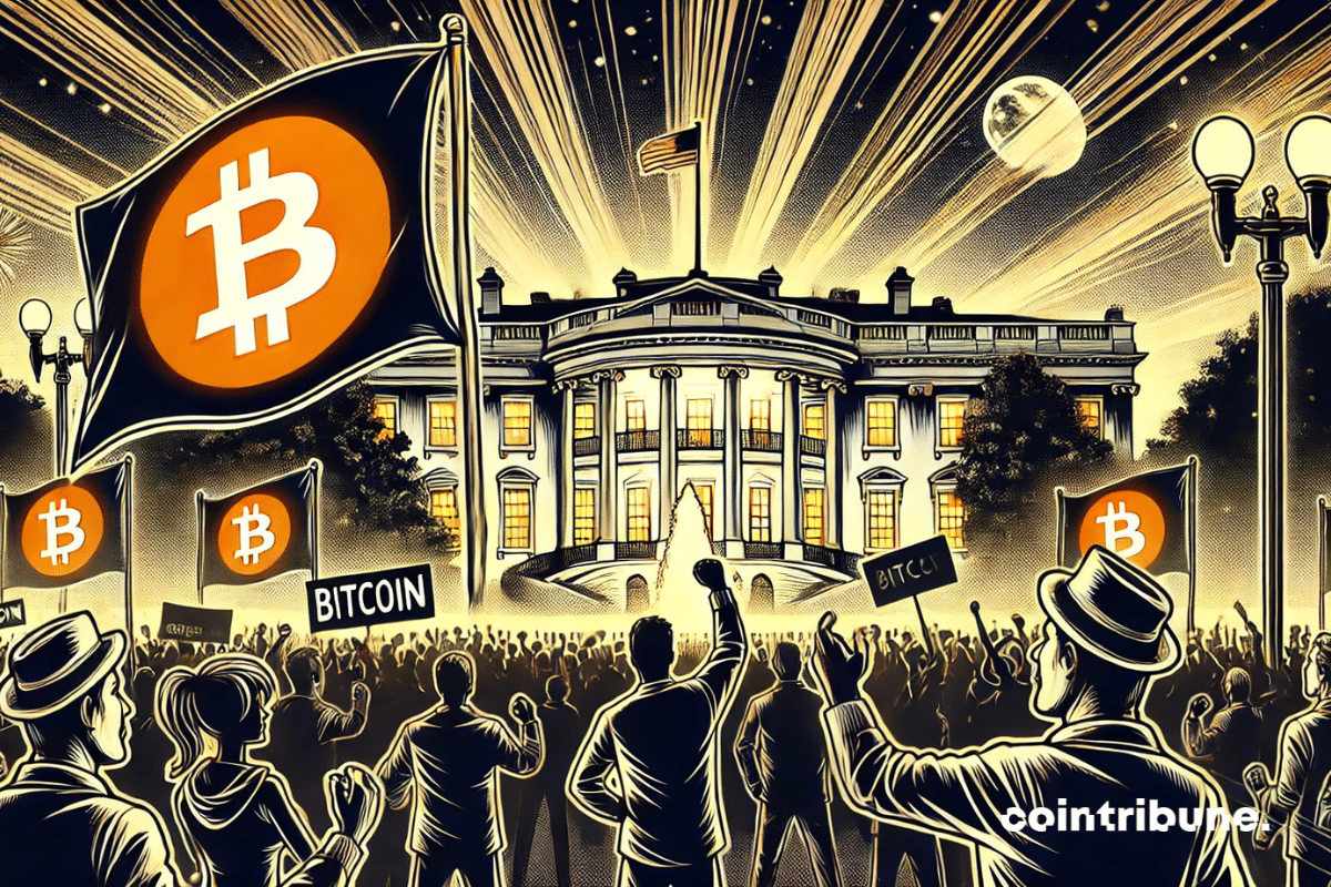 Una multitud de manifestantes sostiene carteles con el logotipo de Bitcoin ante las puertas de la Casa Blanca.