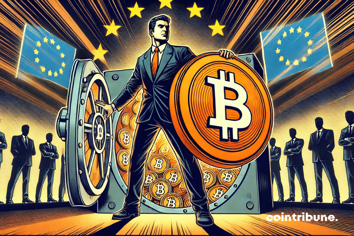 Un agent d’assurance en costume tenant un immense bouclier en forme de pièce de crypto BTC