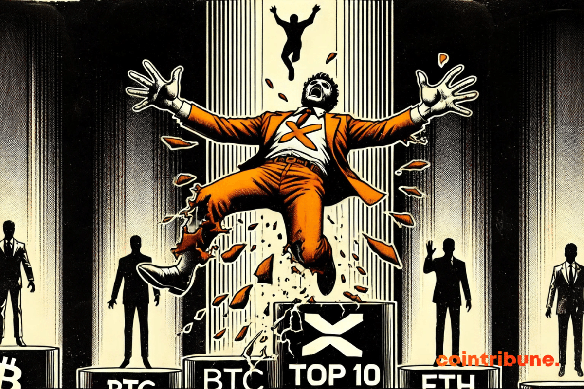 Le logo XRP en train de tomber, un "Top 10" stylisé en chiffres au pied du podium crypto