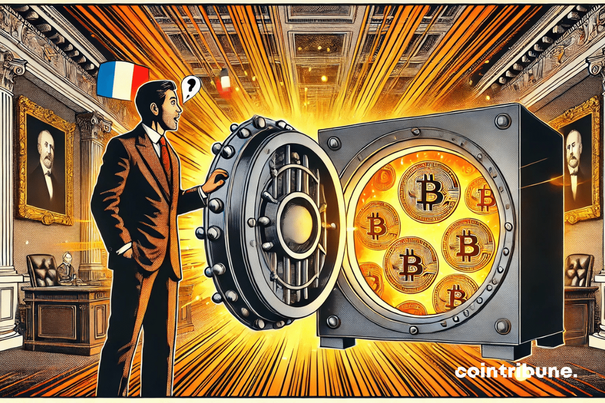 Un coffre-fort géant s’ouvre avec fracas, et à l’intérieur, au lieu de lingots, des tokens crypto orange lumineux. Un homme en complet formel (banquier), le visage mi-étonné mi-satisfait, regarde à l’intérieur.