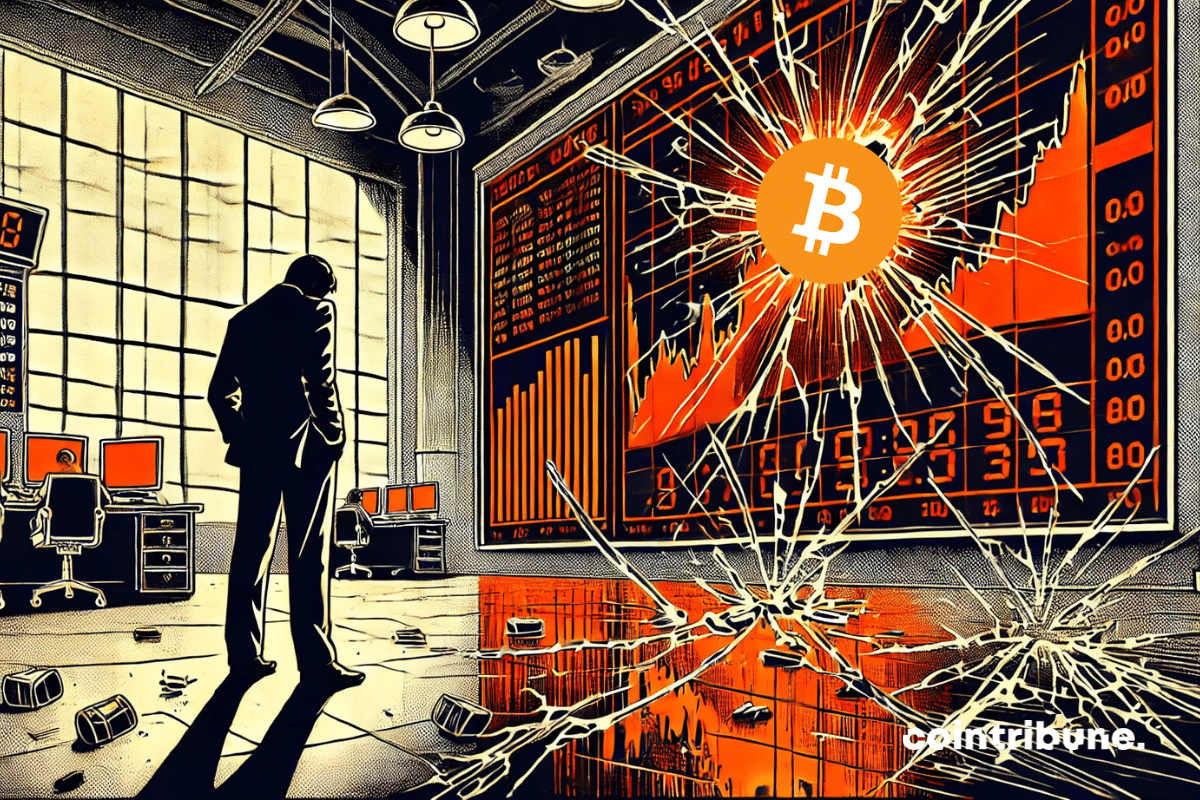 Un trader Bitcoin vu de dos face à un gigantesque écran fissuré, où le chiffre "10" brisé symbolise la fin de la série d’entrées positives