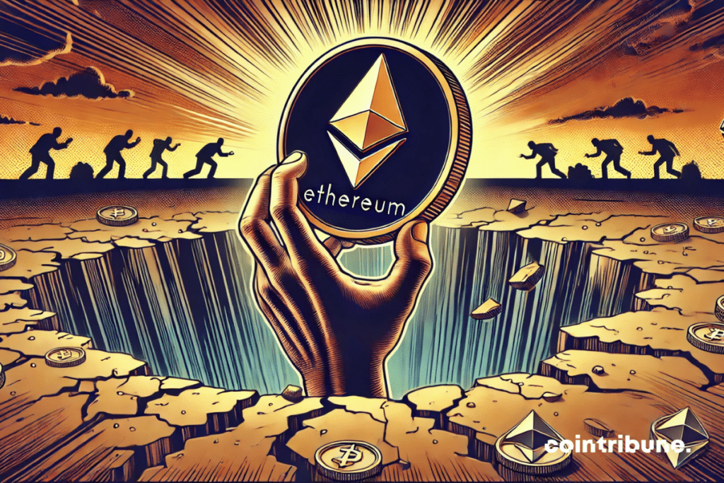 Una mano emerge de un abismo, sosteniendo una moneda Ethereum iluminada, mientras unas siluetas se alejan cautelosamente en el fondo.