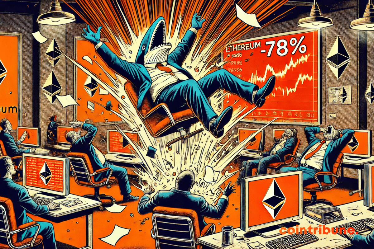 Fictitious trading room with costumed whales on wheels. A humanoid Ethereum whale thrown back from its seat by the sudden drop in prices.