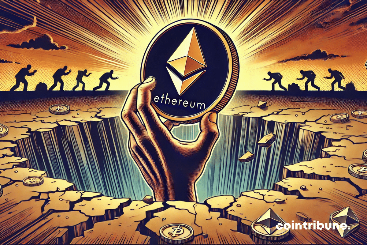 Une main sort d’un gouffre, tenant une pièce Ethereum illuminée, tandis que des silhouettes s’éloignent prudemment en arrière-plan.