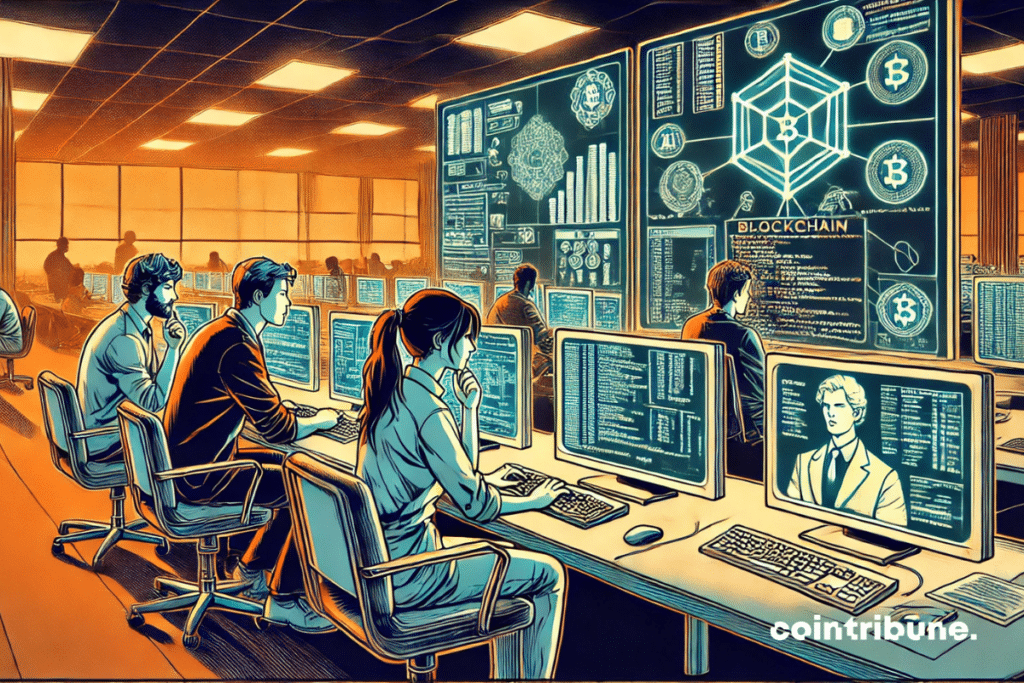 Espace high-tech IA avec ordinateurs et interfaces holographiques. Trois à quatre développeurs de Qubic concentrés, entourés de schémas de réseaux neuronaux et blockchain