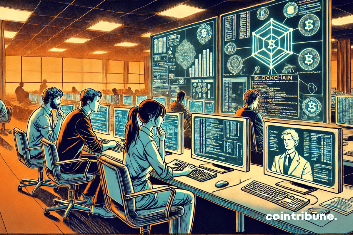 Espace high-tech IA avec ordinateurs et interfaces holographiques. Trois à quatre développeurs de Qubic concentrés, entourés de schémas de réseaux neuronaux et blockchain