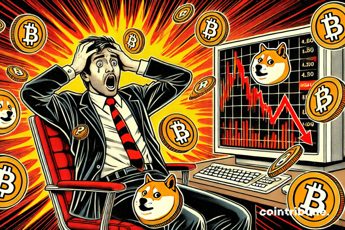 Un trader paniqué face à l’effondrement des meme coins, dans une ambiance dramatique
