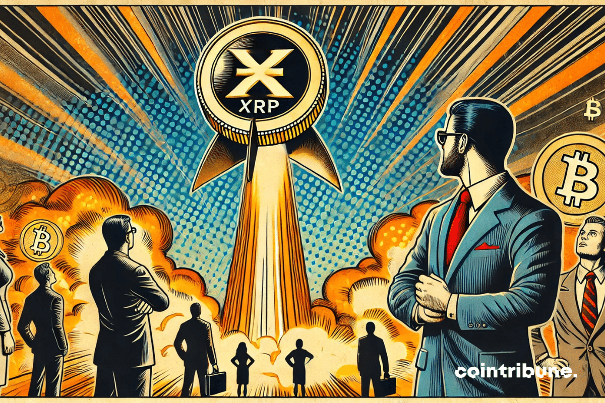 Una gigantesca moneda de XRP sale volando como un cohete, dejando una estela luminosa de color naranja, mientras un hombre de negocios observa la escena con una mezcla de asombro y escepticismo.