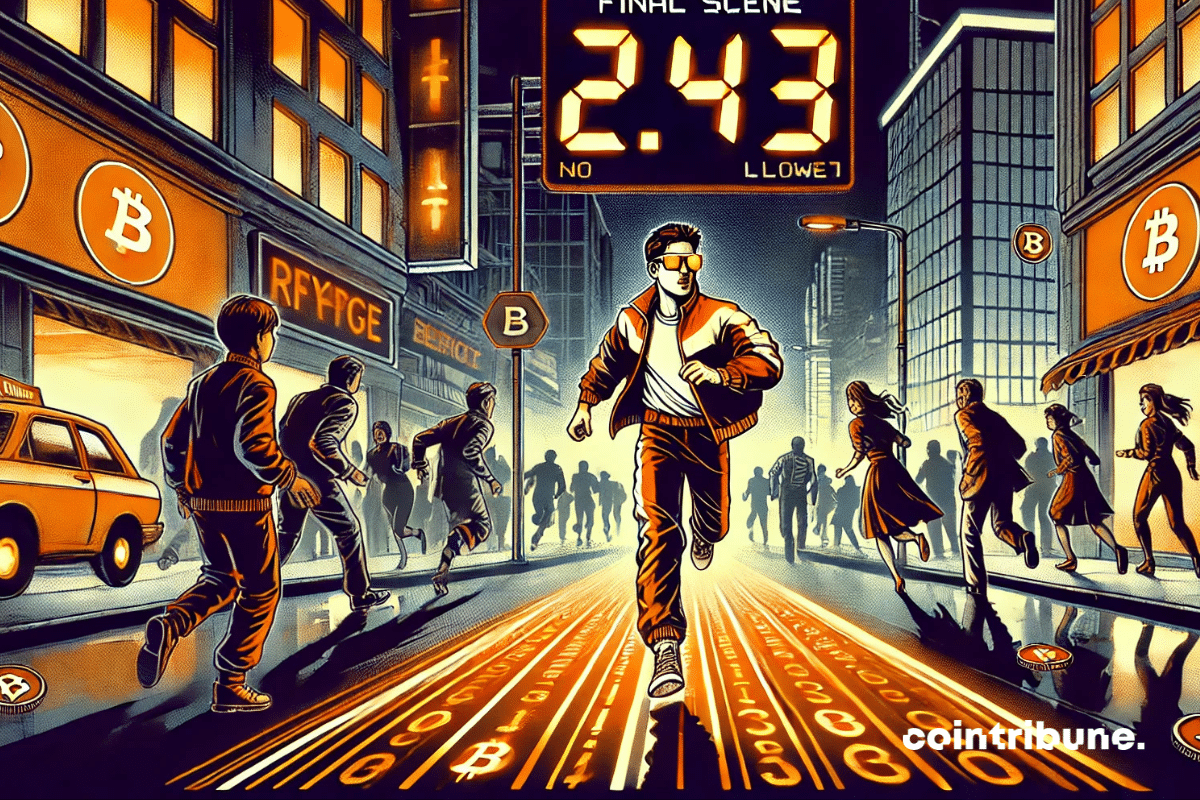 Un jeune investisseur crypto vêtu de streetwear futuriste (veste à col montant, lunettes connectées), court à pleine vitesse vers une plateforme numérique au sol.