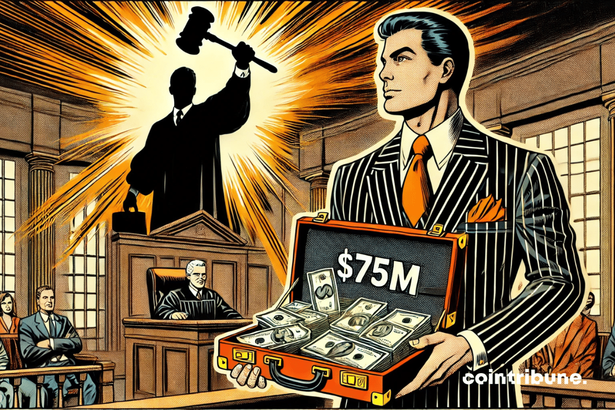 Un représentant de Ripple (silhouette élégante, costume) tenant une mallette ouverte remplie de billets ou un portefeuille numérique affichant "75M"