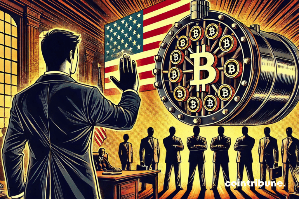 A tech entrepreneur in a dark suit raises his hand in refusal in front of a safe bearing an American flag and filled with crypto tokens.
