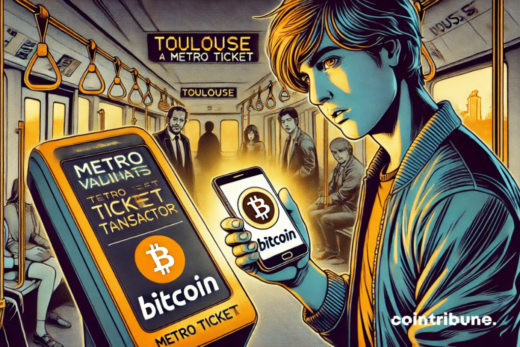 Un usager payant avec son smartphone devant un valideur de ticket, mettant en avant la crypto dans les transports toulousains.