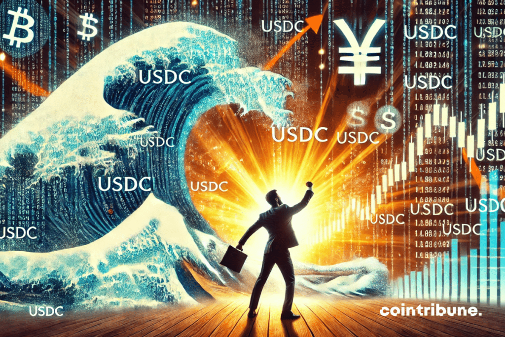 Une immense vague numérique, formée par des lignes de code et des symboles USDC, déferle sur la scène. Un investisseur, bras levés, semble porté par cette vague, illustrant l’essor du stablecoin.