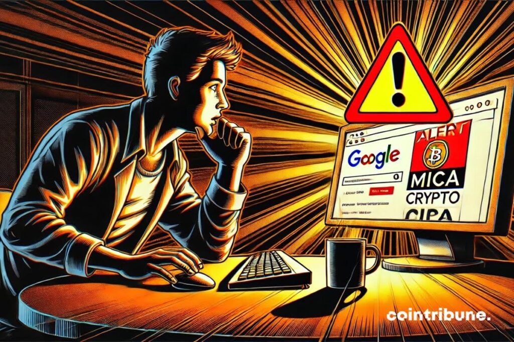 Un inversor en criptomonedas frente a un anuncio de cripto en Google que muestra una alerta MiCA.
