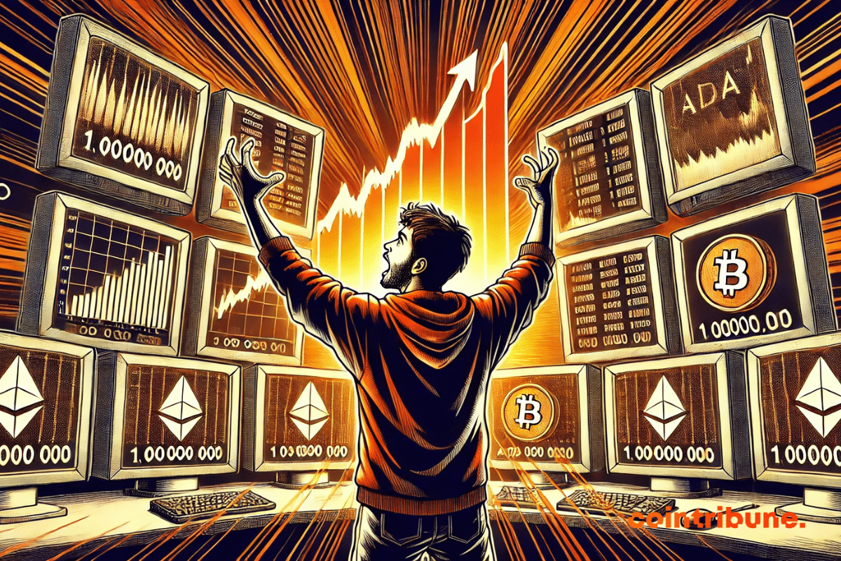 Um jovem operador de criptografia com capuz, iluminado pela luz laranja de uma tela que exibe “1.000.000.000”.