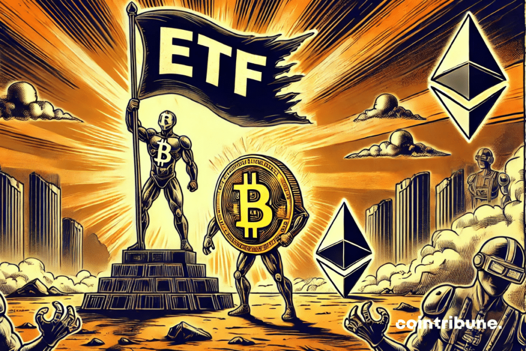 Soldats Bitcoin brandissant un étendard ETF devant des logos Ethereum