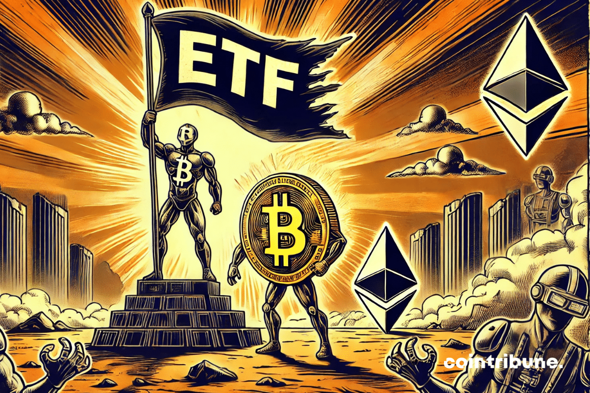 Soldats Bitcoin brandissant un étendard ETF devant des logos Ethereum