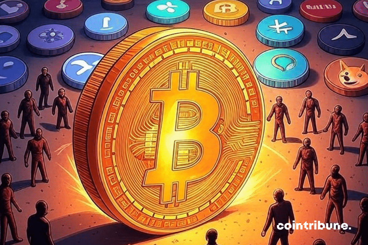 Moeda gigante de bitcoin cercada por indivíduos e altcoins em miniatura