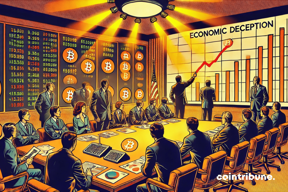 Sala de reunião com economistas, gráficos e logotipos de bitcoin