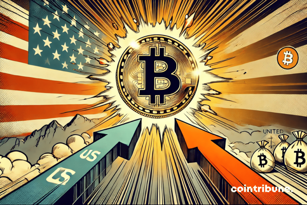 Vetores ascendentes de bitcoin com a bandeira americana como plano de fundo