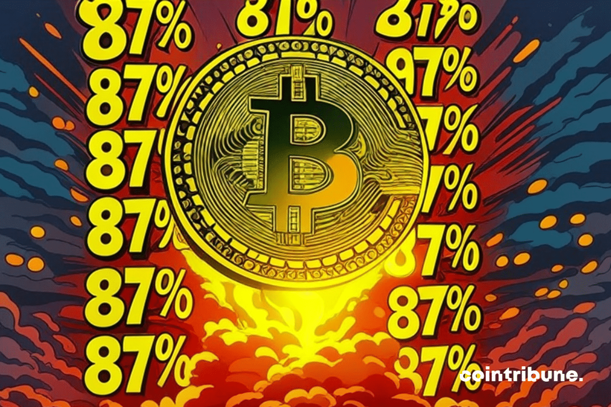 Moeda de Bitcoin cercada por números de 87%