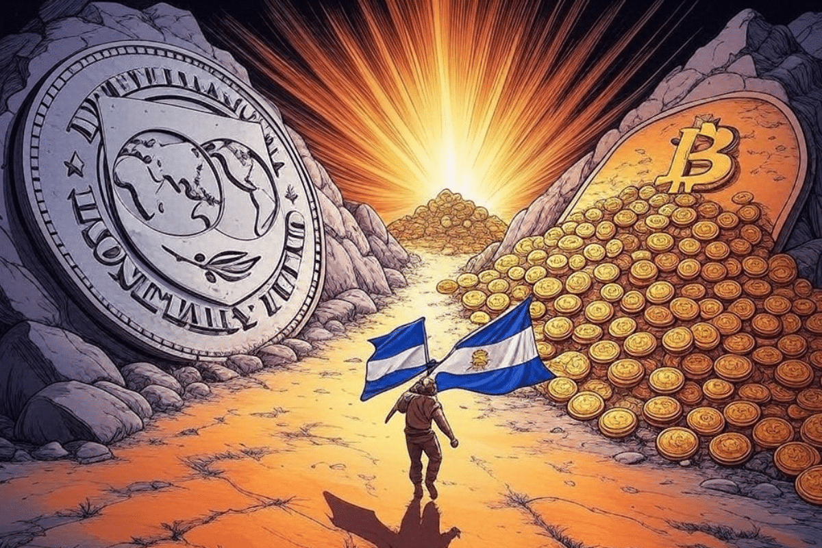 Personagem agitando a bandeira de El Salvador passando por uma linha entre o logotipo do FMI e pilhas de bitcoin