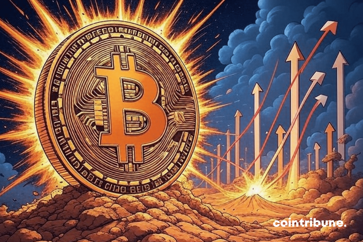 Moeda gigante de bitcoin cercada por curvas apontando para cima