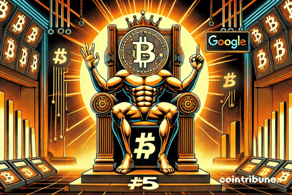 Bitcoin antropomorfo sentado en un trono