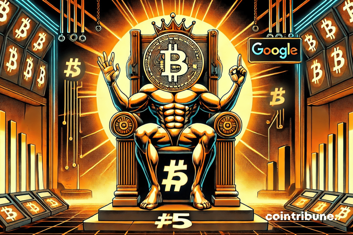 Bitcoin antropomórfico sentado em um trono