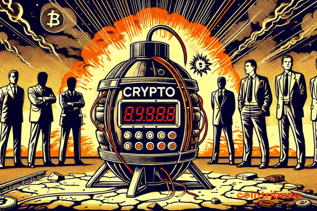Illustration of European regulators monitoring a crypto bomb