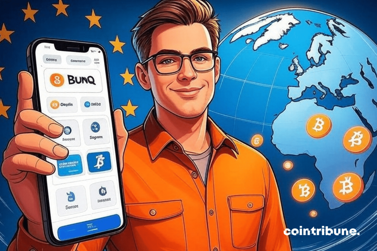 Usuário europeu mostrando uma tela com dados no Bunq