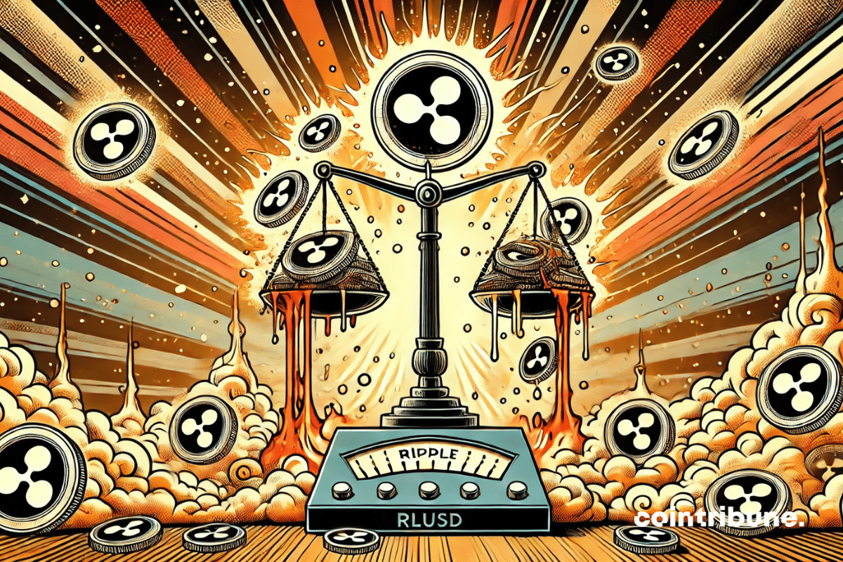 Ilustração de uma balança Ripple com tokens XRP ao redor