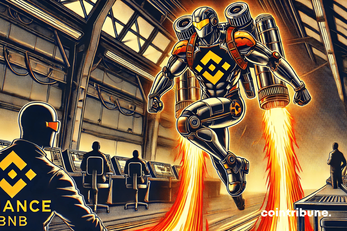 Um robô humanoide com o logotipo do BNB e vestido com uma armadura de super-herói se prepara para decolar de um hangar futurista.