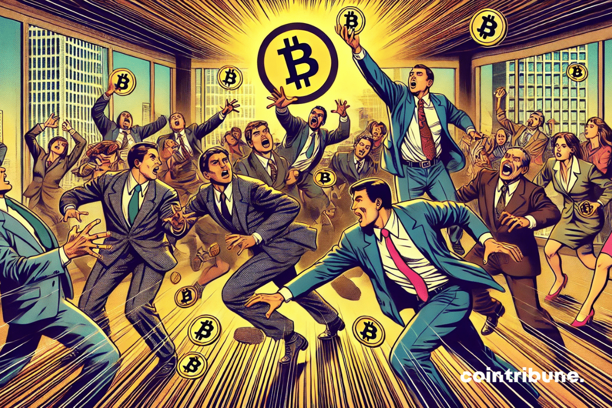 Ilustração de empresas disputando para conseguir Bitcoin.