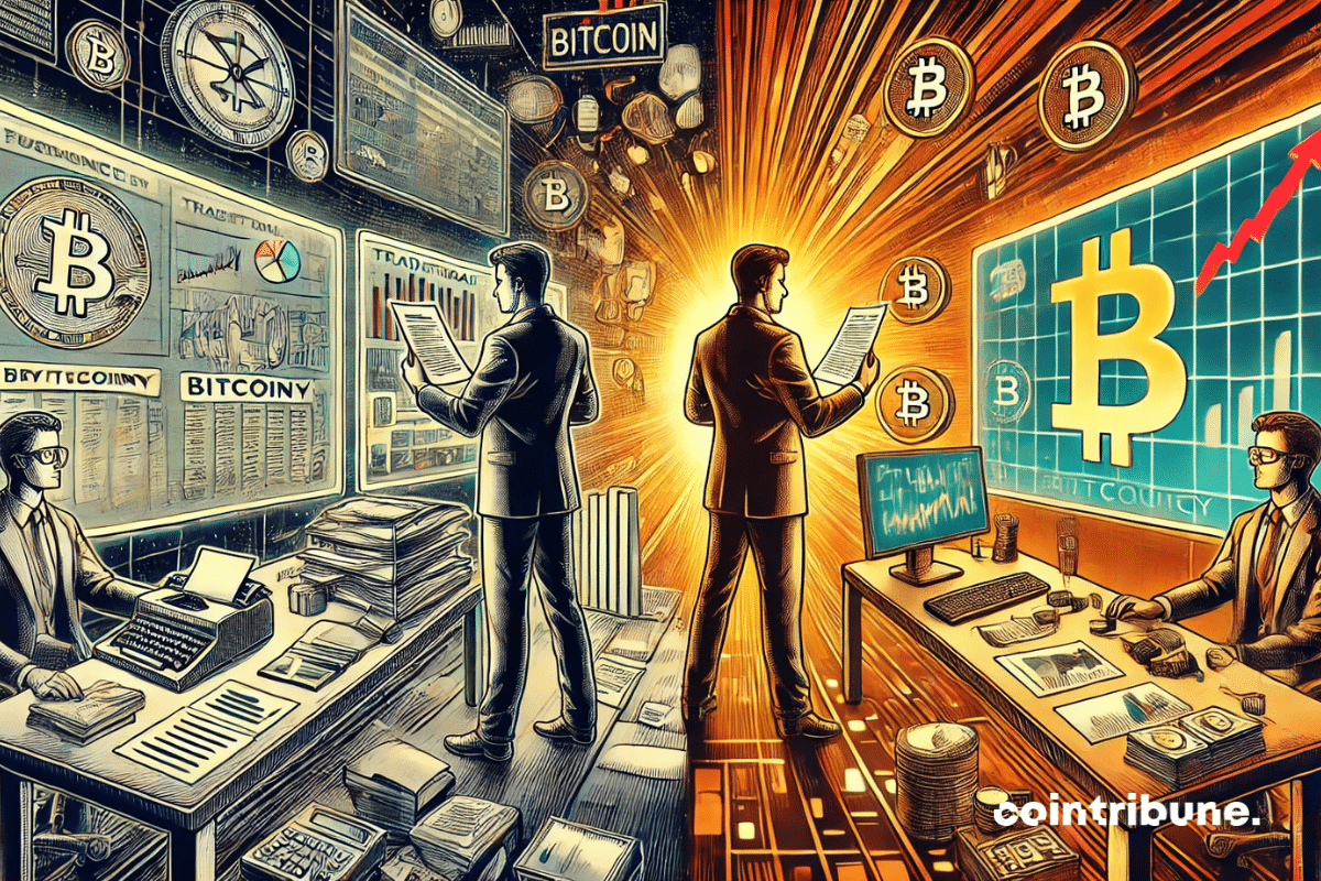 A character, divided between the world of traditional finance and the future of crypto