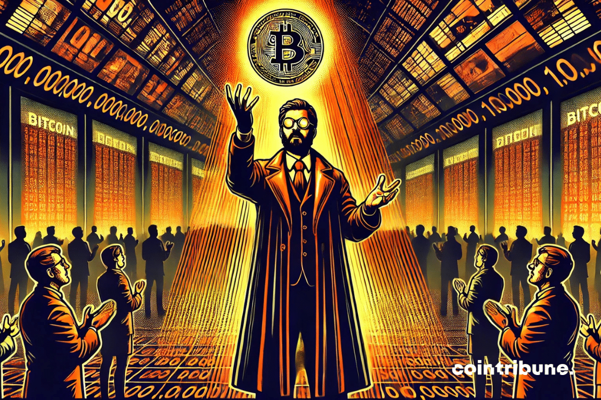 Adam Back é retratado como um profeta da tecnologia em um centro de dados futurista. Ele segura um Bitcoin brilhante do qual se eleva o número 1.000.000 em um holograma laranja.