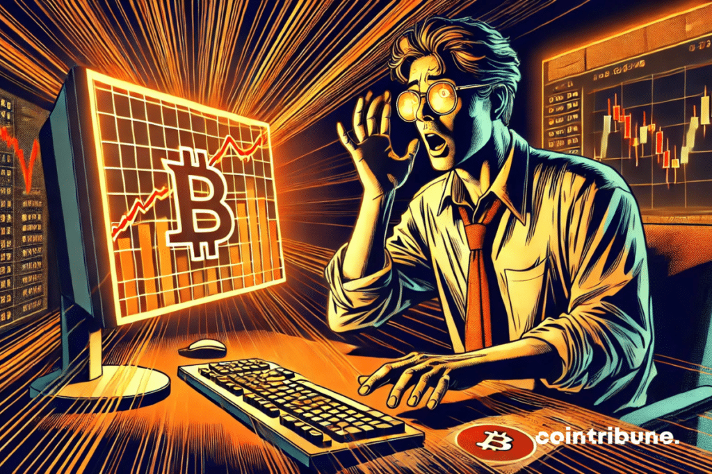 Ilustración de un analista de criptomonedas presa del pánico, iluminado por la pantalla de un gráfico de Bitcoin que cae en picado.