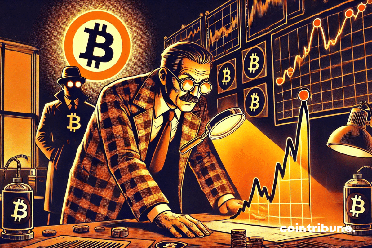 Illustration de John Bollinger qui scrute avec intensité un graphique du bitcoin.